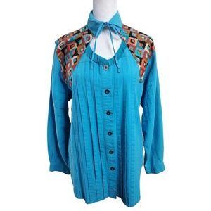 Vintage Together! Western Aztec Blue Button Up Womens Long Sleeve Shirt Rodeo M